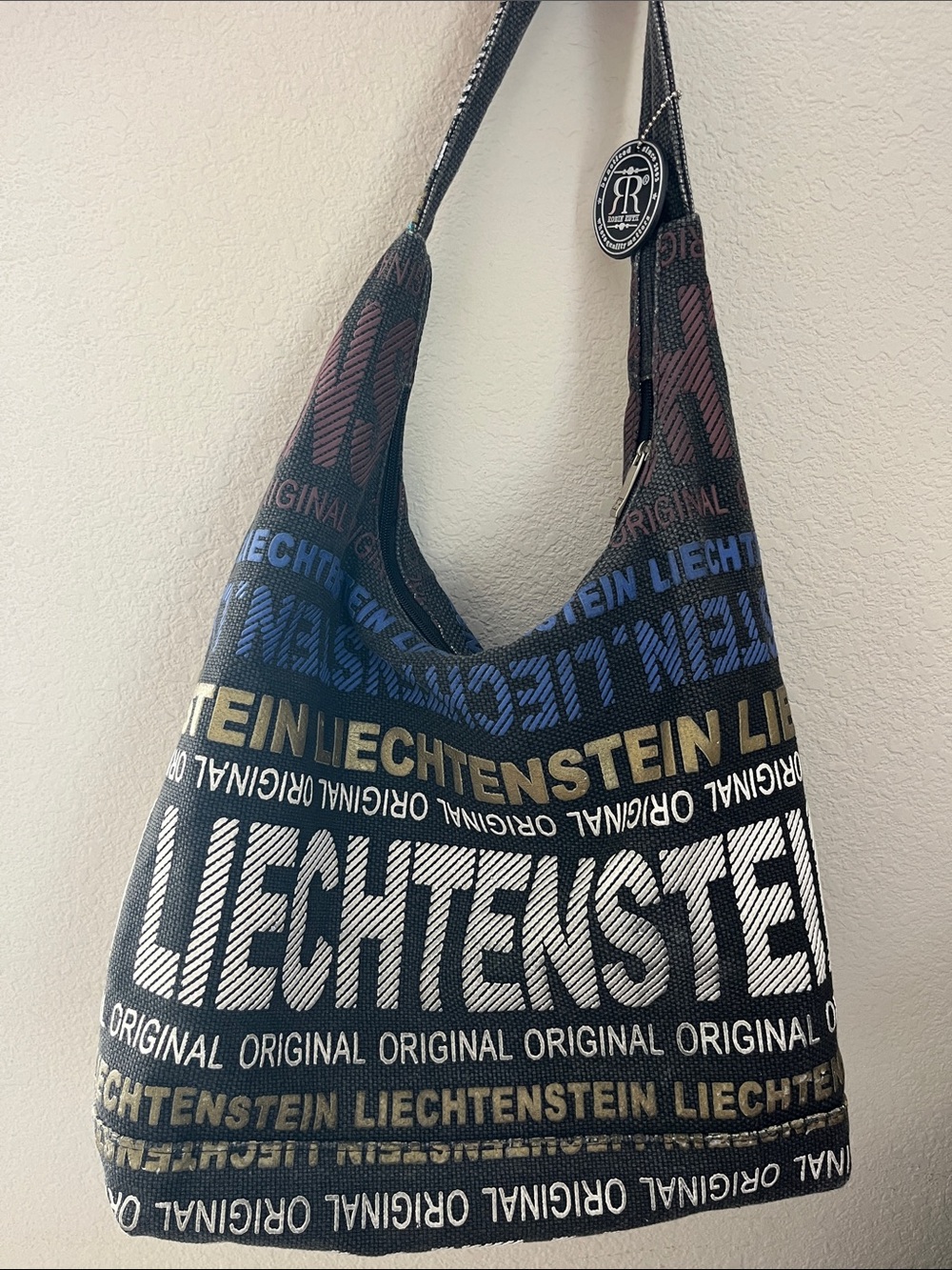 Robin Ruth Black, Blue & Gold Logo Hobo Bag